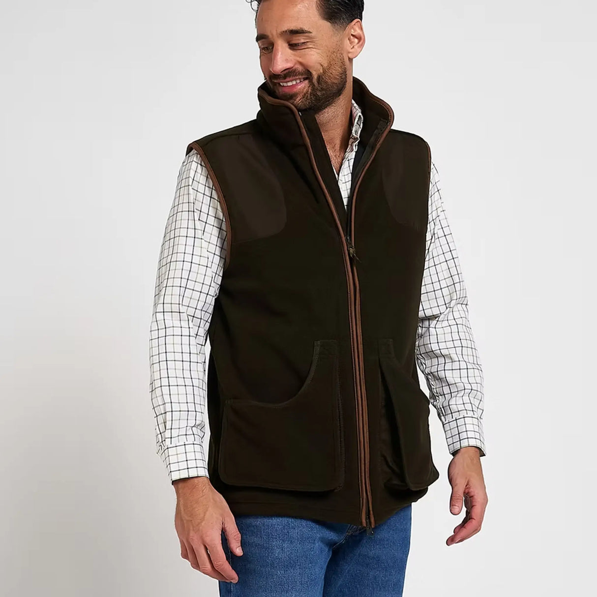 Jack Pyke Shooters Fleece Gilet in dark olive from the front right on white background