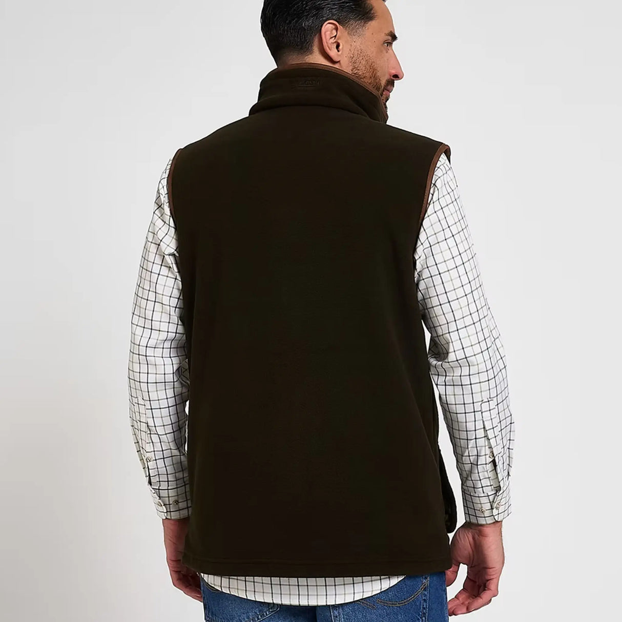 Jack Pyke Shooters Fleece Gilet in dark olive from the back on white background