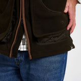 Jack Pyke Shooters Fleece Gilet in dark olive close up of bellow and drain holes on cartridge pocket
