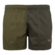 Jack Pyke Yakka Shorts in Dark Olive, front view showing the vertical two-tone split down the centre