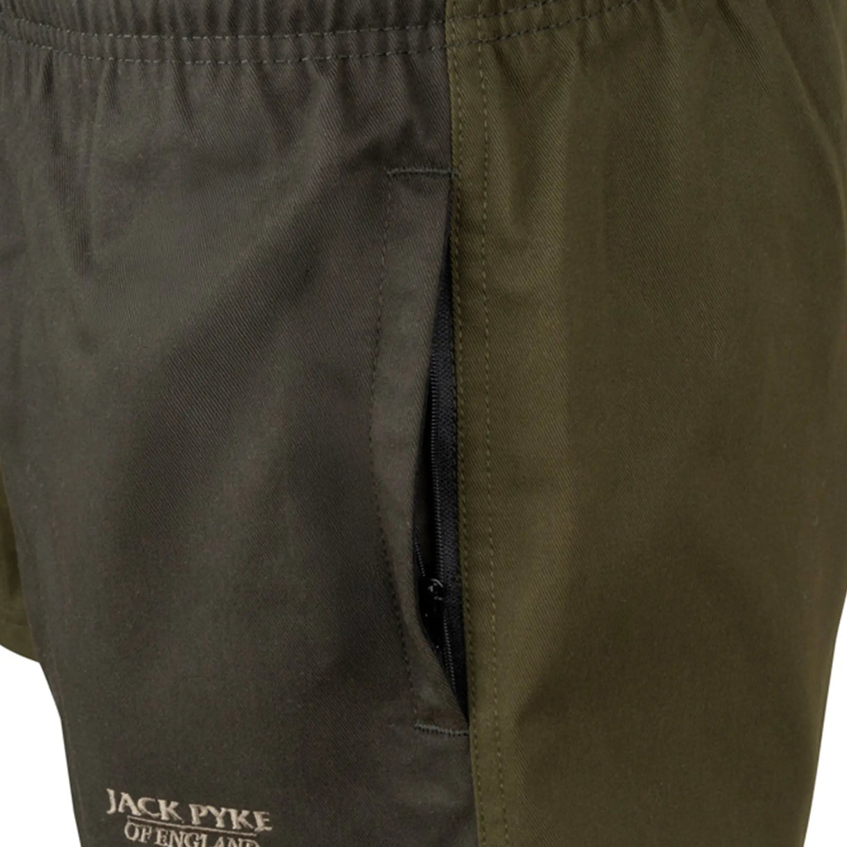 Jack Pyke Yakka Shorts in Dark Olive close up of the zip pockets