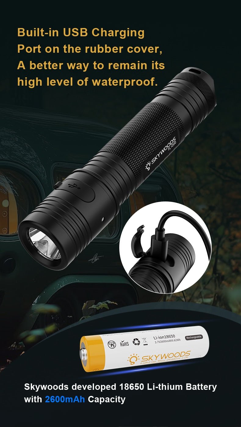 Skywoods TL1200 Tactical Light - built-in USB charging port and 18650 battery