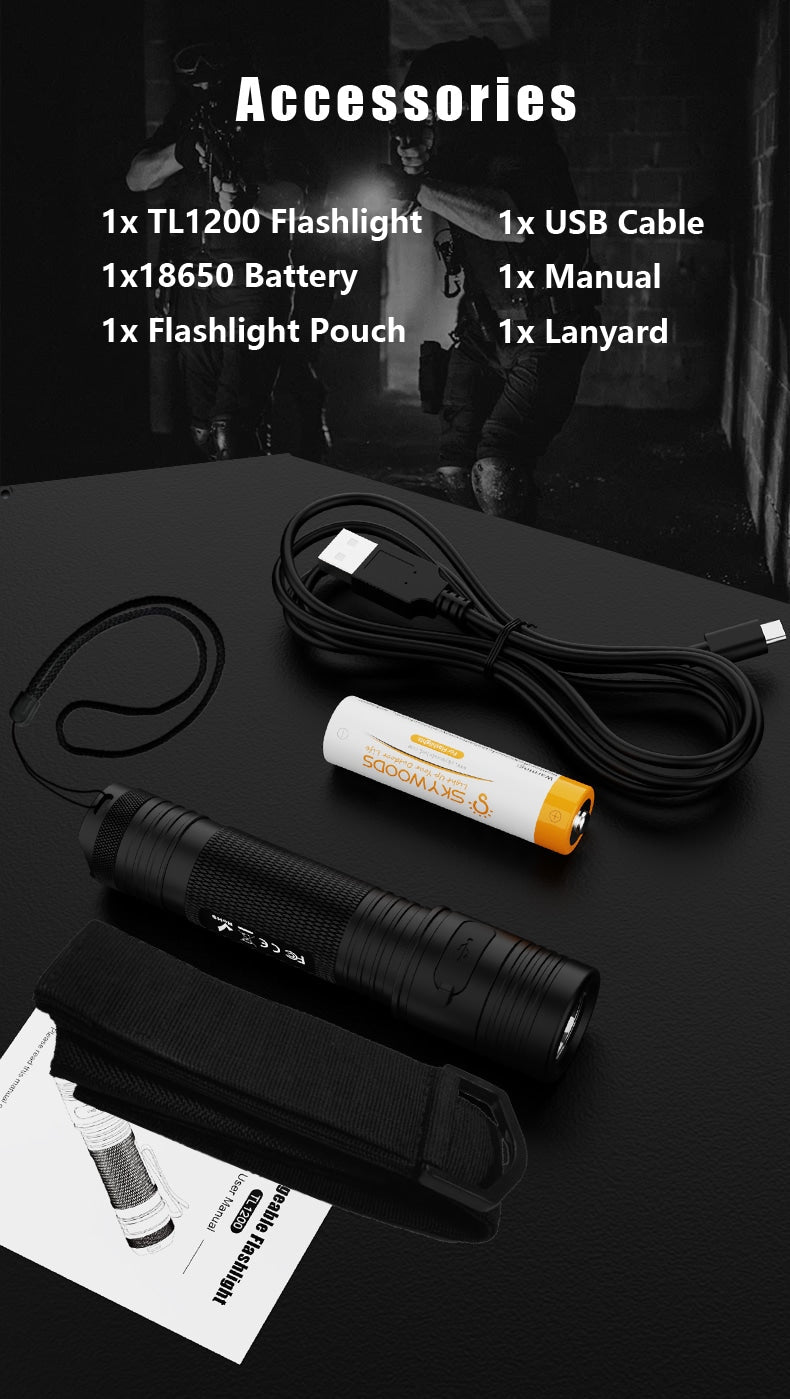 Skywoods TL1200 Tactical Light - box contents including pouch, battery and lanyard