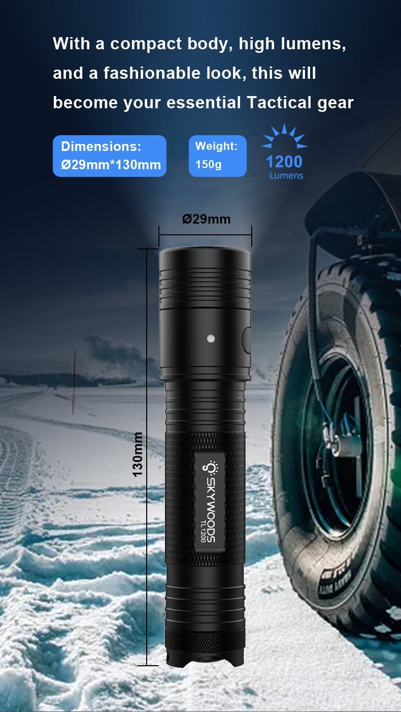 Skywoods TL1200 Tactical Light - dimensions and weight diagram