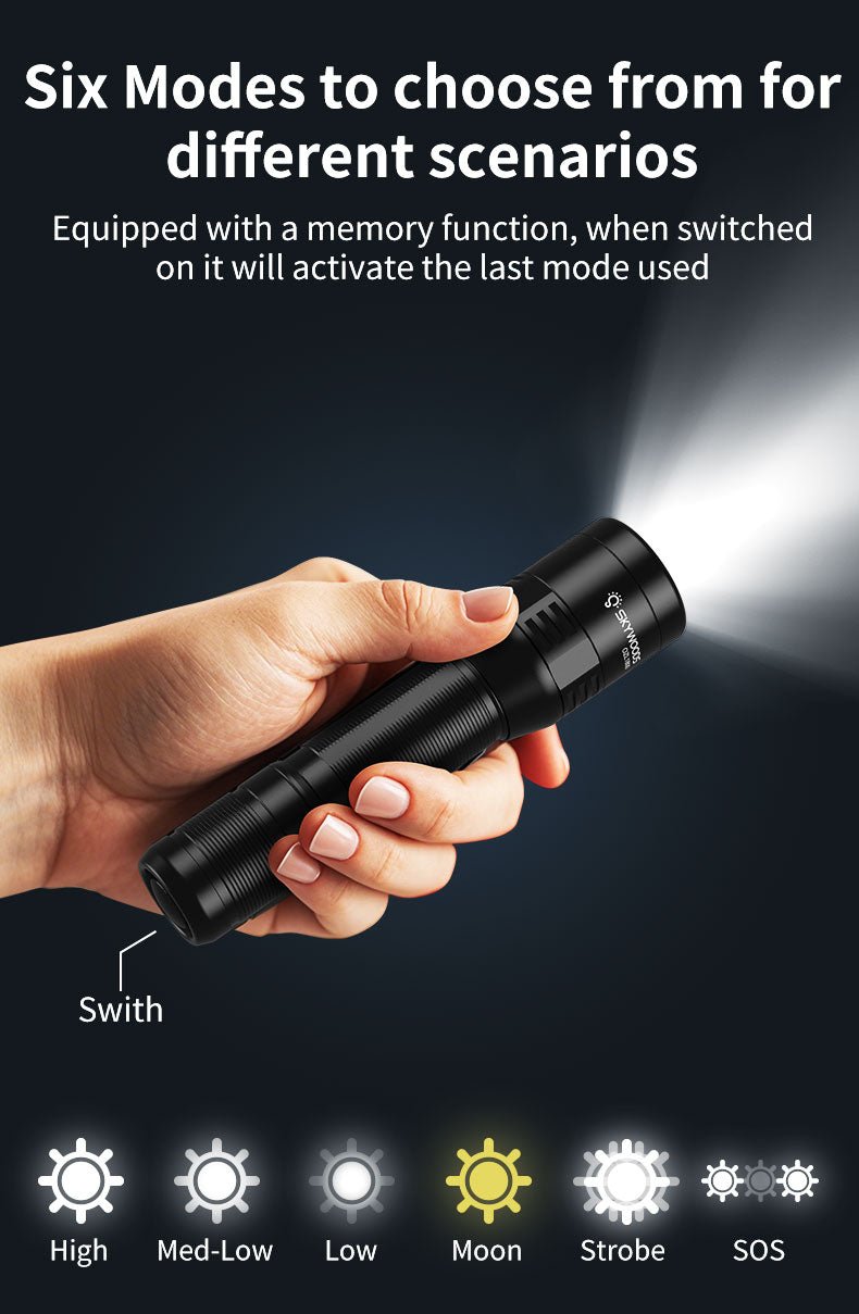 Skywoods OZL1800 Zoomable Torch Light - six output modes with last mode memory
