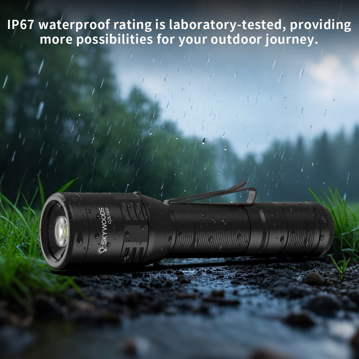 Skywoods OZL1800 Zoomable Torch Light - IP67 weatherproof rating shown in rain
