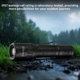 Skywoods OZL1800 Zoomable Torch Light - IP67 weatherproof rating shown in rain