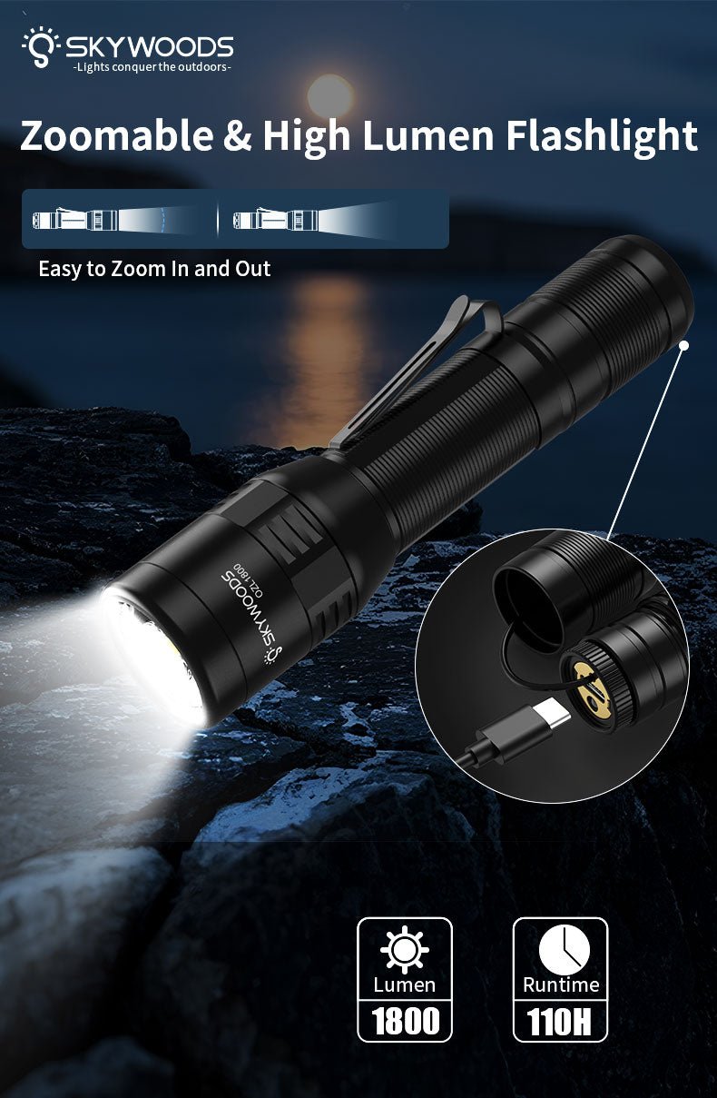 Skywoods OZL1800 Zoomable Torch Light - zoom head close-up switching between flood and spot