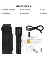 Skywoods OZL1800 Zoomable Torch Light - box contents with oxford bag, 18650 battery, USB cable and clip