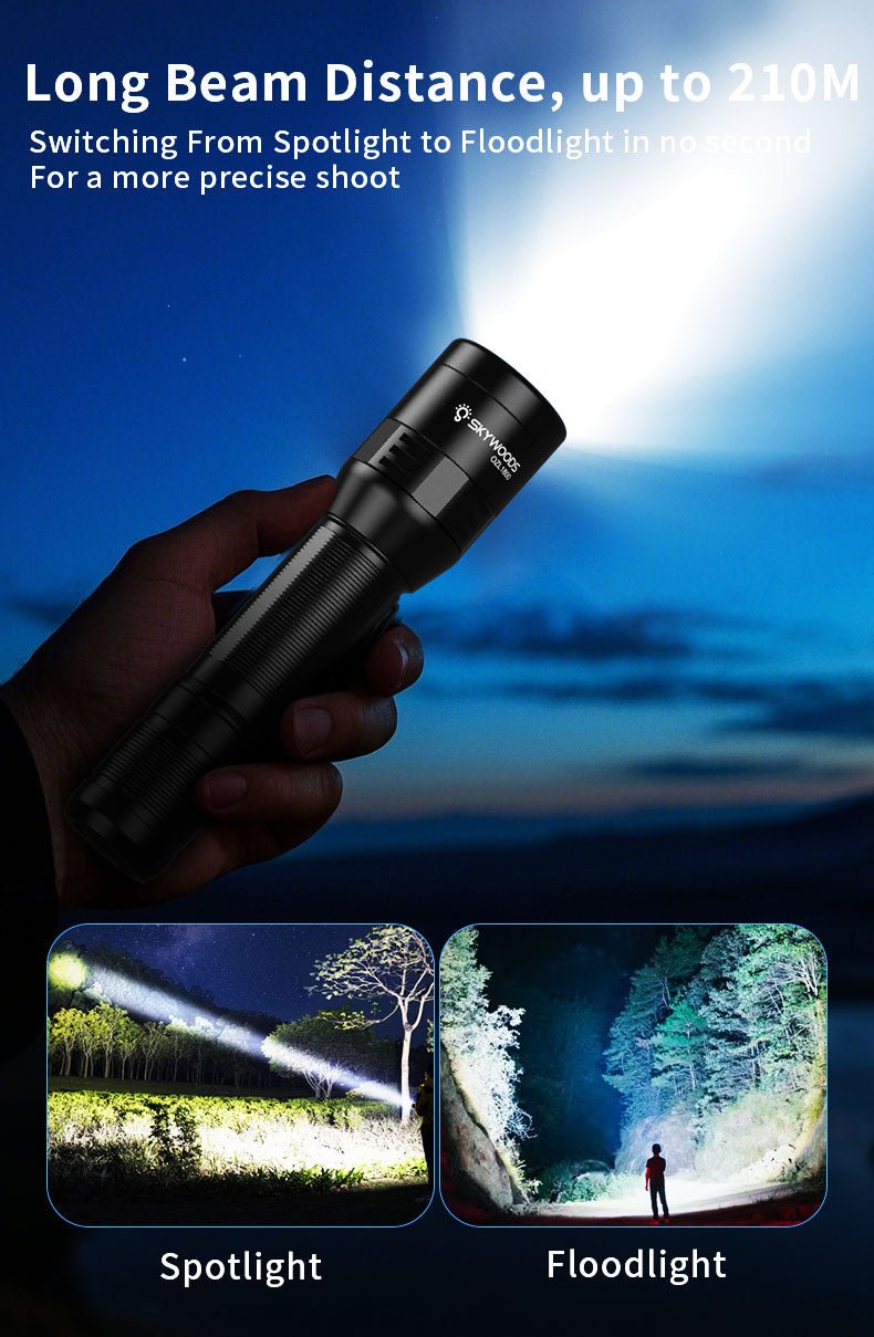 Skywoods OZL1800 Zoomable Torch Light - spotlight and floodlight beam comparison