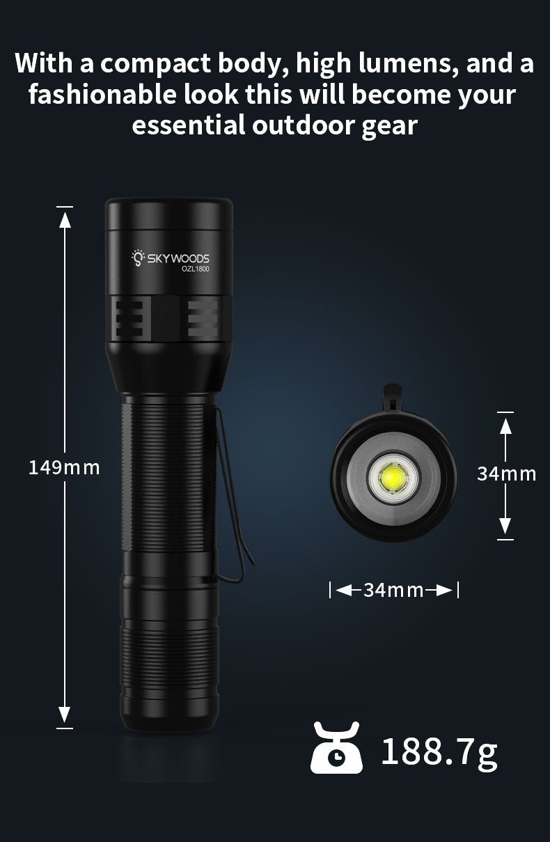 Skywoods OZL1800 Zoomable Torch Light - dimensions and 188.7g weight diagram