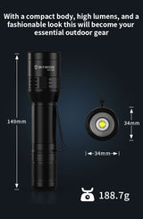 Skywoods OZL1800 Zoomable Torch Light - dimensions and 188.7g weight diagram