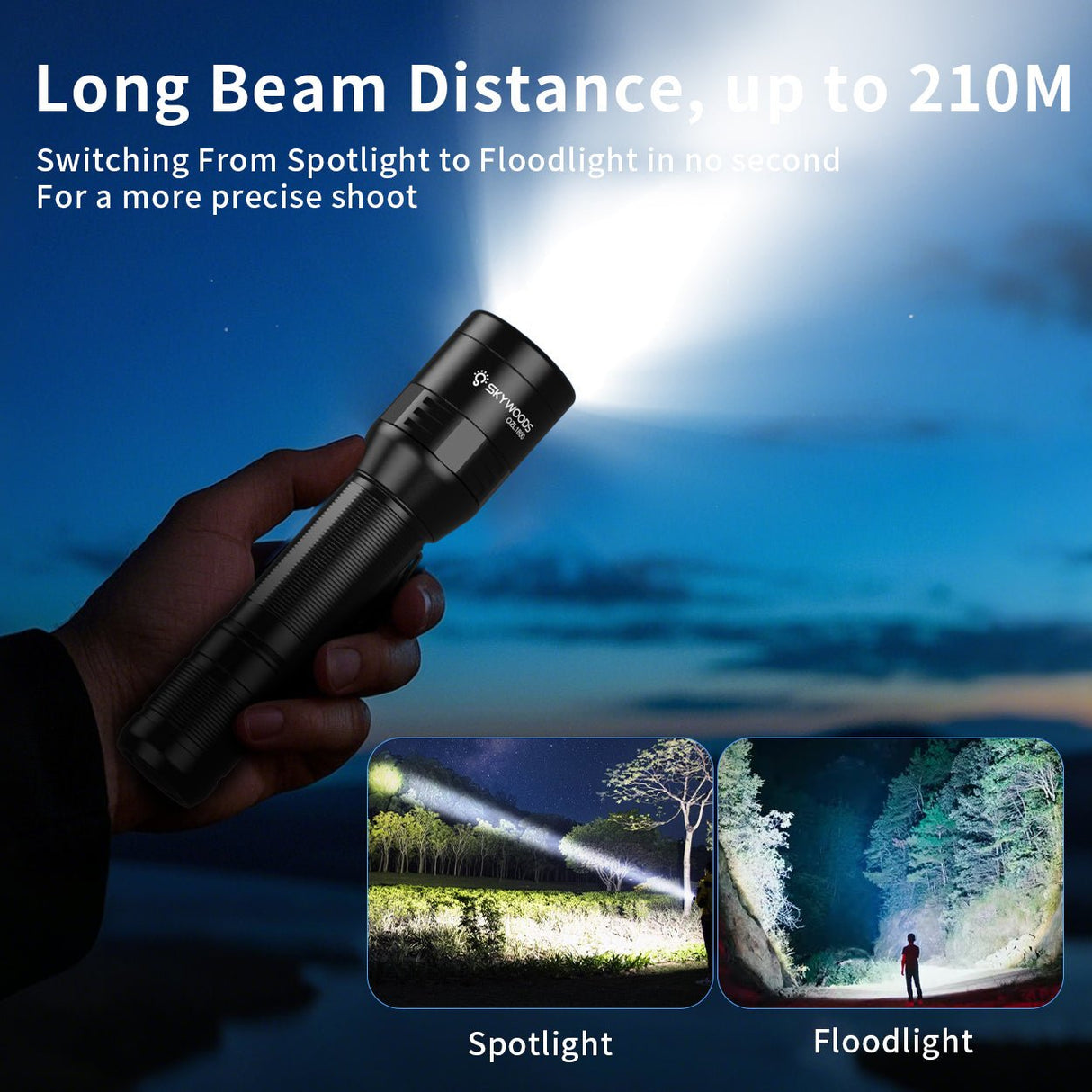 Skywoods OZL1800 Zoomable Torch Light - 210 metre spot beam held in the hand