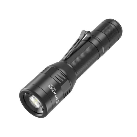 Skywoods OZL1800 Zoomable Torch Light - three quarter view with pocket clip and LED head