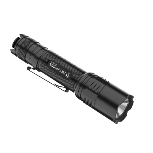 Skywoods TZL1800 Zoomable Torch Light - angled body view with knurled grip and pocket clip