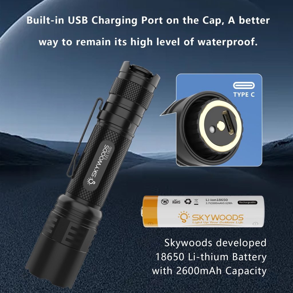 Skywoods TZL1800 Zoomable Torch Light - tail cap USB-C charging port and 18650 battery