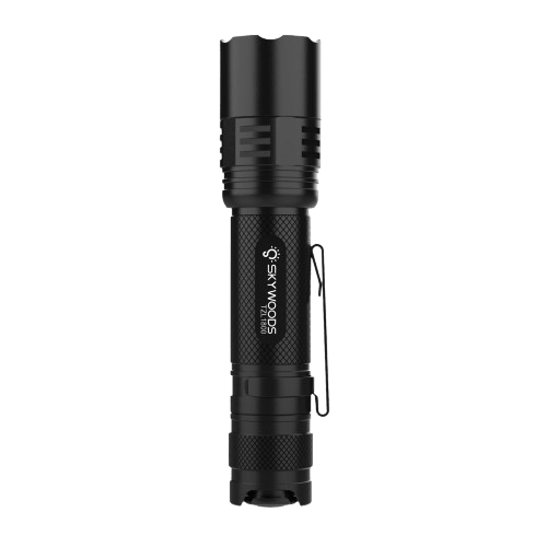 Skywoods TZL1800 Zoomable Torch Light - upright view with pocket clip and tail switch