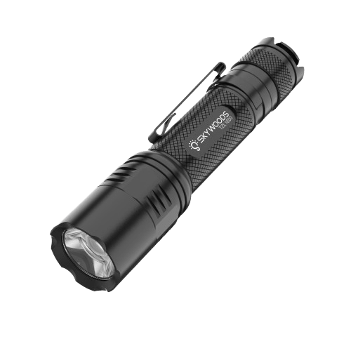 Skywoods TZL1800 Zoomable Torch Light - three quarter view with pocket clip and LED head