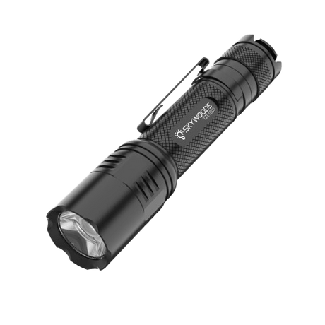Skywoods TZL1800 Zoomable Torch Light - three quarter view with pocket clip and LED head