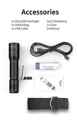 Skywoods OZL2500 Zoomable Torch Light - box contents with oxford bag, 21700 battery, USB cable and clip