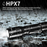 Skywoods OZL2500 Zoomable Torch Light - IPX7 waterproof rating shown in heavy rain