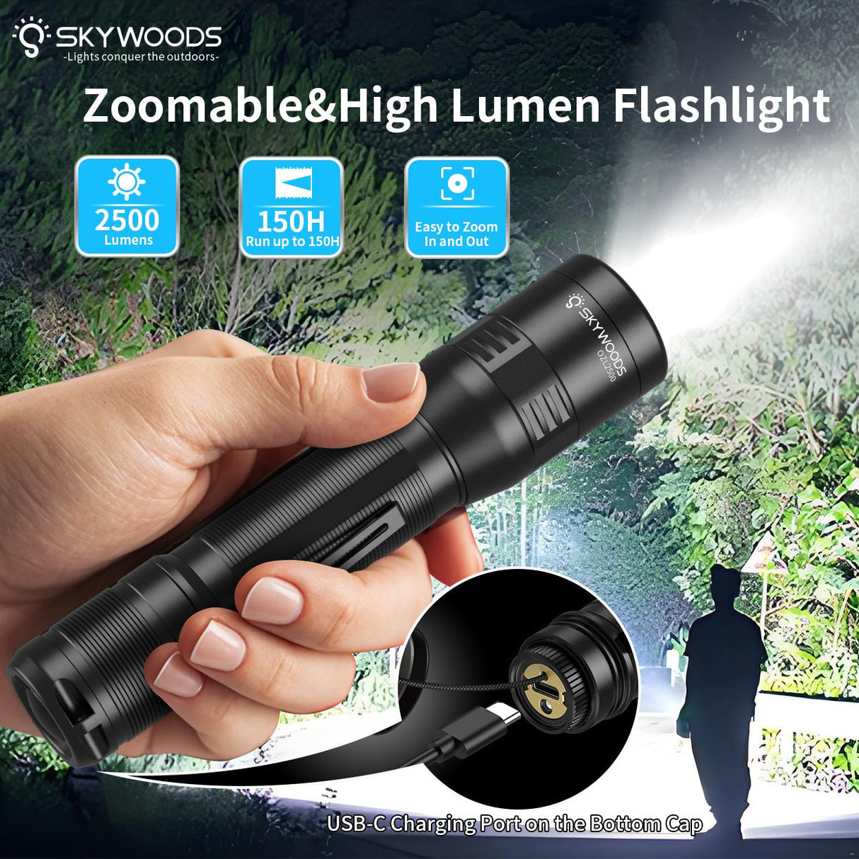 Skywoods OZL2500 Zoomable Torch Light - zoomable head with 2500 lumen and 150 hour runtime badges