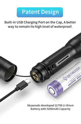 Skywoods OZL2500 Zoomable Torch Light - tail cap USB-C charging port and 21700 battery