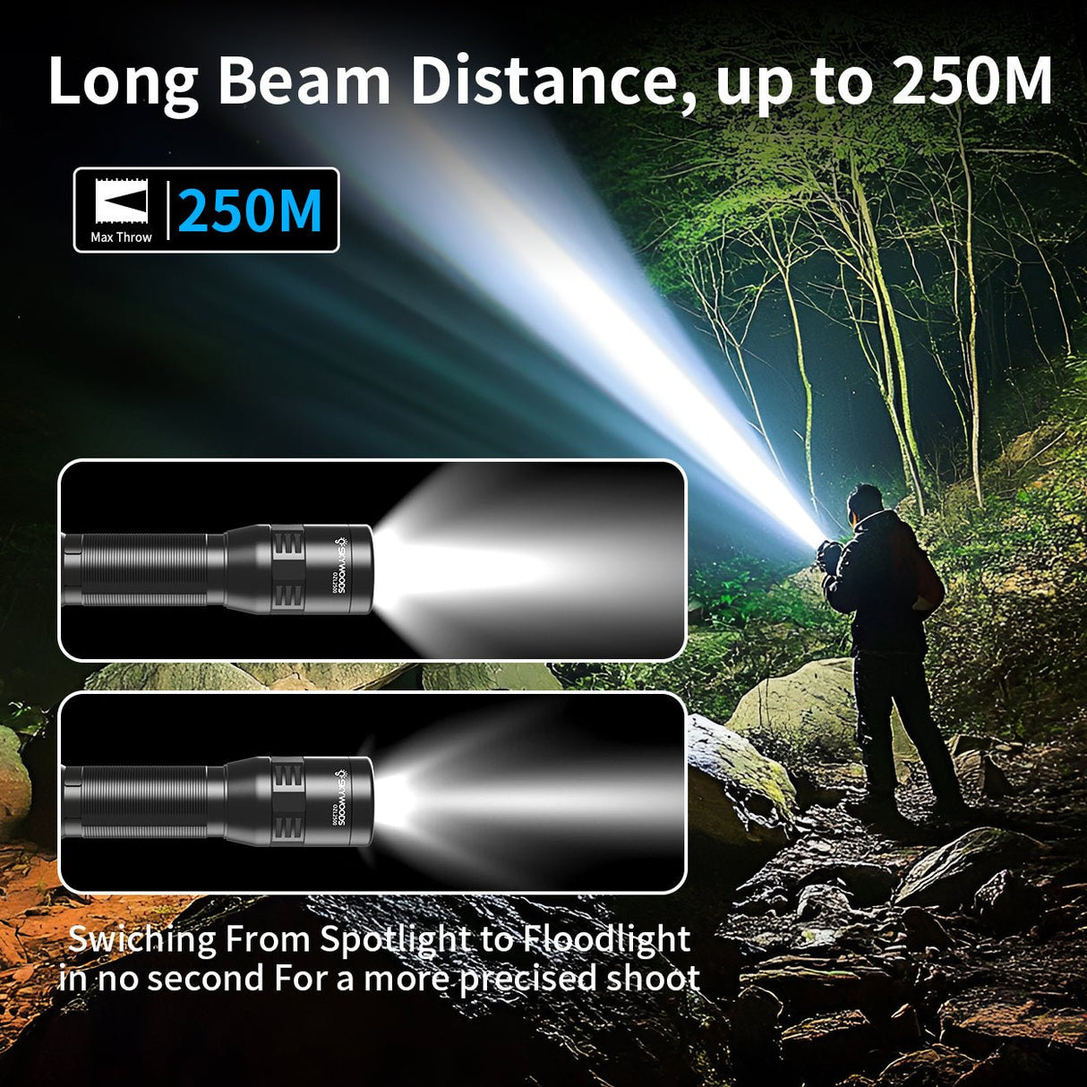 Skywoods OZL2500 Zoomable Torch Light - 250 metre beam with spotlight and floodlight comparison