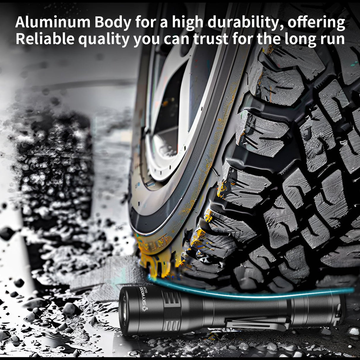 Skywoods OZL2500 Zoomable Torch Light - aluminium body shown in wet off-road conditions