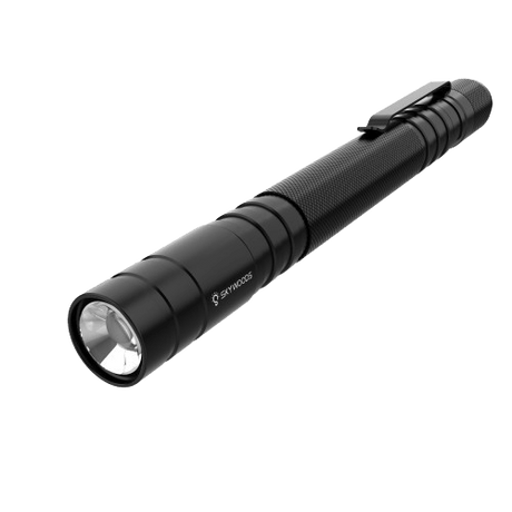 Skywoods Fix P3 Zoomable Pen Light - three quarter view with pocket clip and reflector head