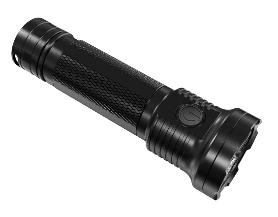 Skywoods OL3000 Rechargeable Torch Light - angled view with the side switch and tail lanyard hole