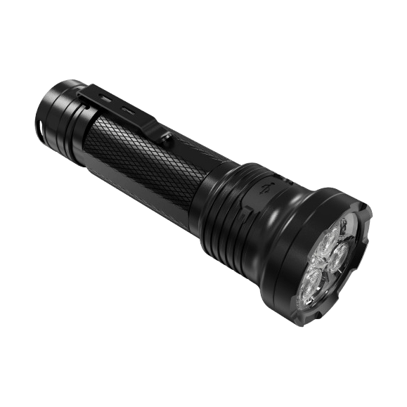 Skywoods OL3000 Rechargeable Torch Light - angled view showing the three SST25 emitters