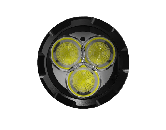 Skywoods OL3000 Rechargeable Torch Light - head-on close-up of the three emitters and reflectors