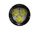 Skywoods OL3000 Rechargeable Torch Light - head-on close-up of the three emitters and reflectors