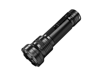 Skywoods OL3000 Rechargeable Torch Light - three quarter view with triple emitter head and pocket clip