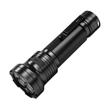 Skywoods OL3000 Rechargeable Torch Light - full length view with pocket clip and knurled body