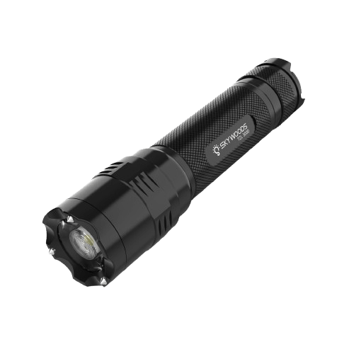 Skywoods TZL3000 Zoomable Torch Light - angled view with crenellated strike bezel and knurled body