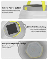Skywoods L51980 Solar Camping Lantern - power button, 1000mAh battery and solar charging