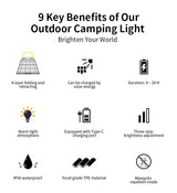 Skywoods L51980 Solar Camping Lantern - nine key features including solar charging and mosquito mode