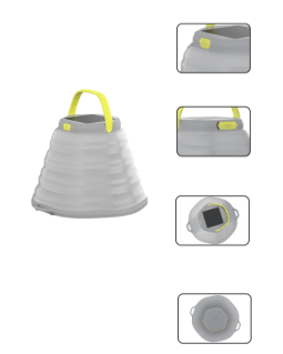 Skywoods L51980 Solar Camping Lantern - expanded and collapsed views with solar panel and base detail