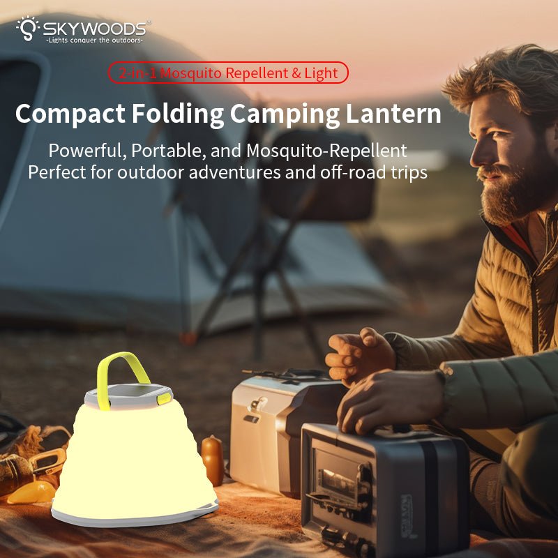 Skywoods L51980 Solar Camping Lantern - compact folding lantern lit at a campsite
