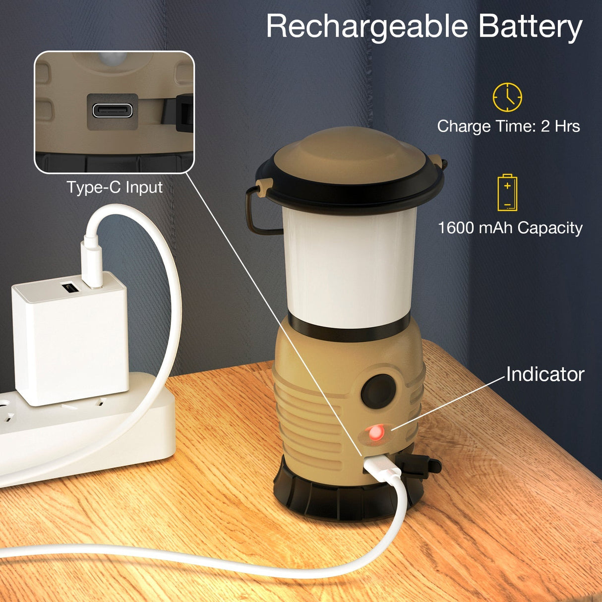 Skywoods L50270 Camping Lantern - USB-C charging with two hour charge time and 1600mAh battery