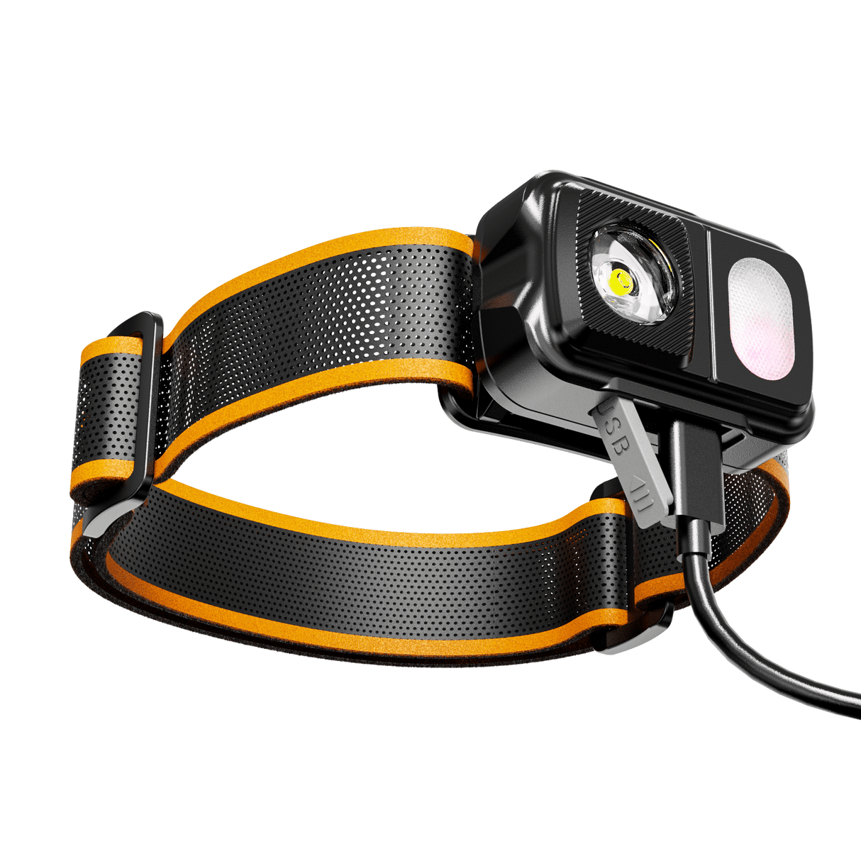 Skywoods OHL550 Headlamp - angled view with the USB-C charging cable connected