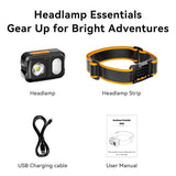 Skywoods OHL550 Headlamp - box contents with headlamp, headband, cable and manual