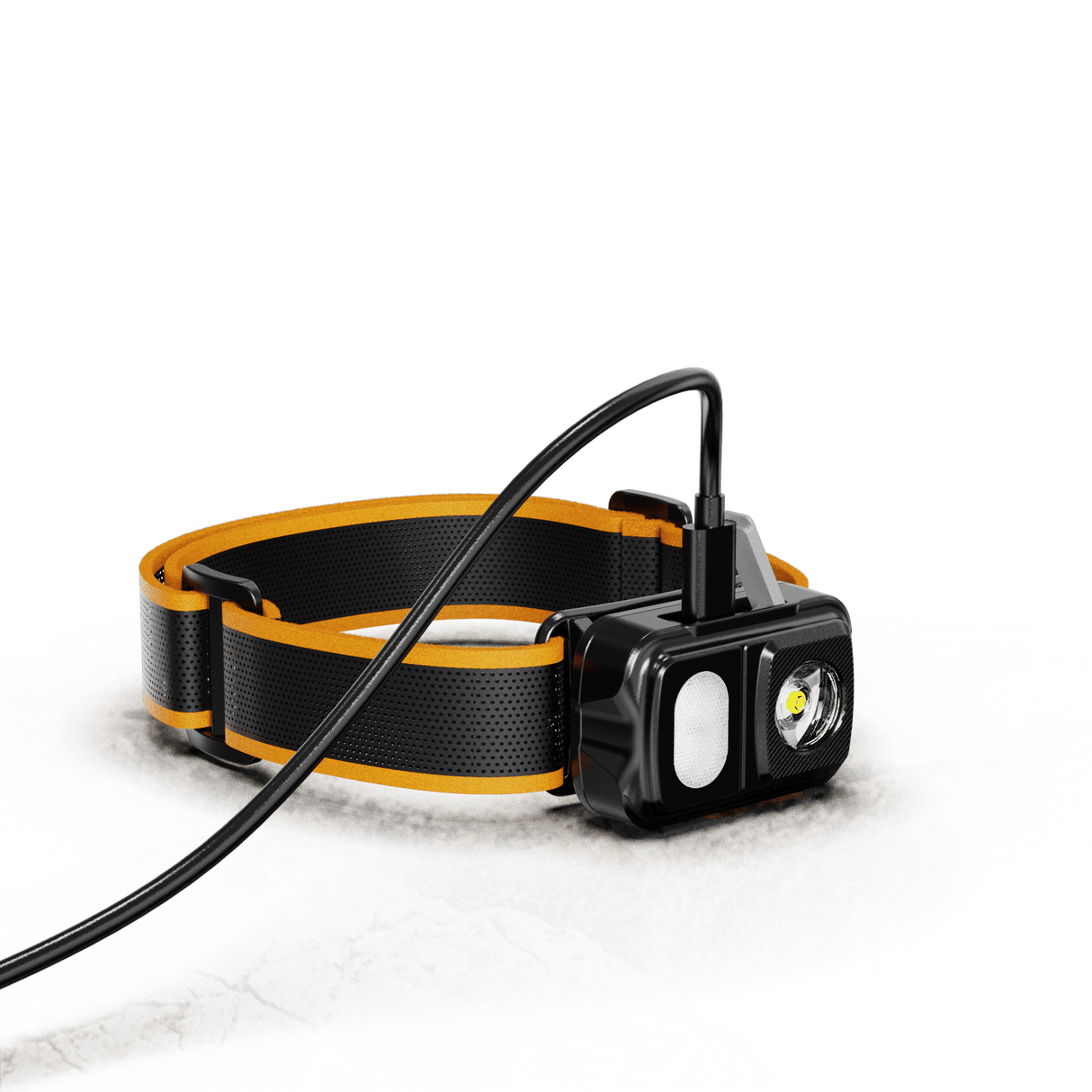 Skywoods OHL550 Headlamp - lamp lit with the charging cable attached