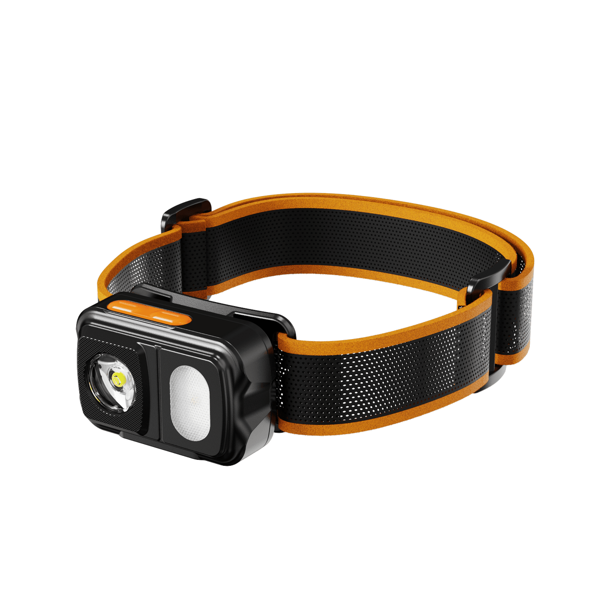 Skywoods OHL550 Headlamp - angled view of the lamp and orange headband