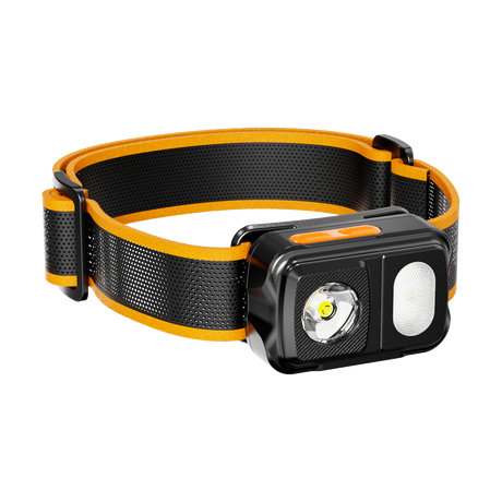 Skywoods OHL550 Headlamp - three quarter view with the elasticated headband