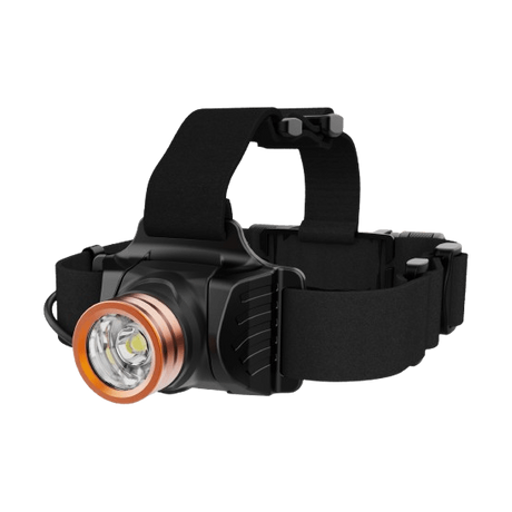 Skywoods OHL600 Headlamp - three quarter view with the lamphead and twin strap harness