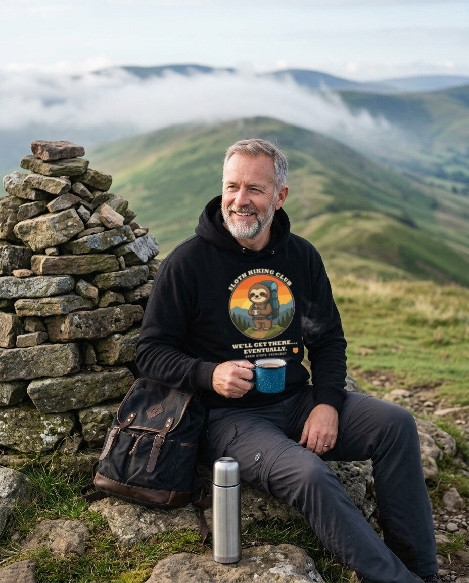 Walker with a mug of tea beside a summit cairn wearing the Sloth Hiking Club: Hilltop Hoodie in Black