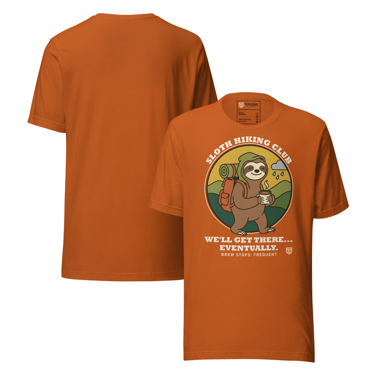 Sloth Hiking Club: Walking T-Shirt in Autumn, front and plain back view